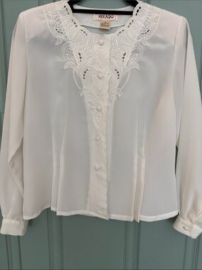 Vintage Mikado White Embroidered Blouse 6P Cutwork Lace Boho Cottagecore Top